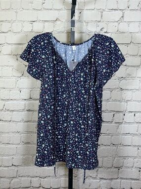 Simple Fun Womens Floral Print Size L Navy Top With Tie & Flutter Sleeves New